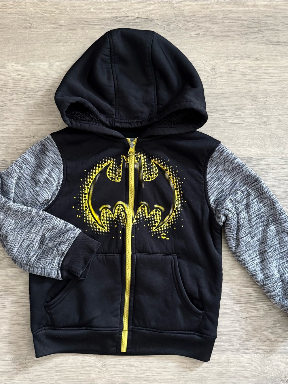 Batman Black Hoodie with Gray Sleeves and Yellow Logo